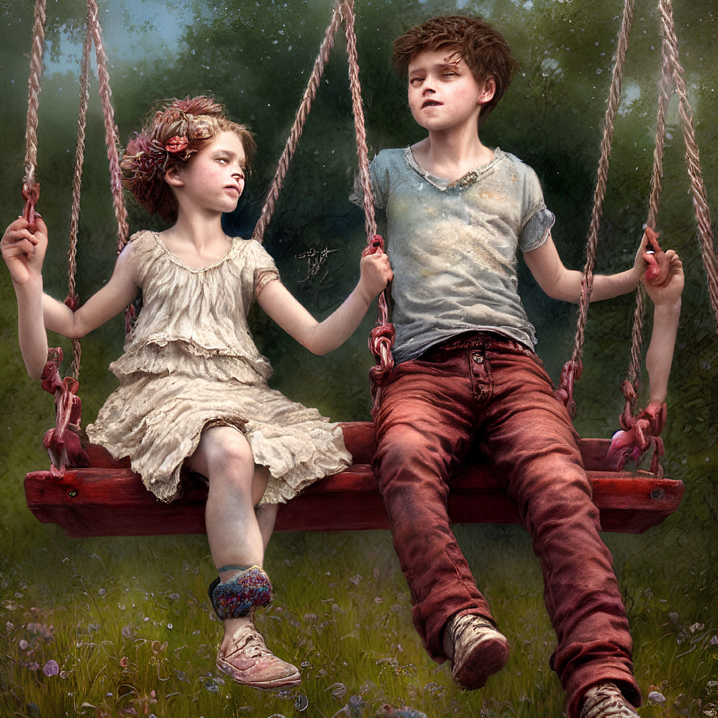 Children on old swing in greenery with vintage look