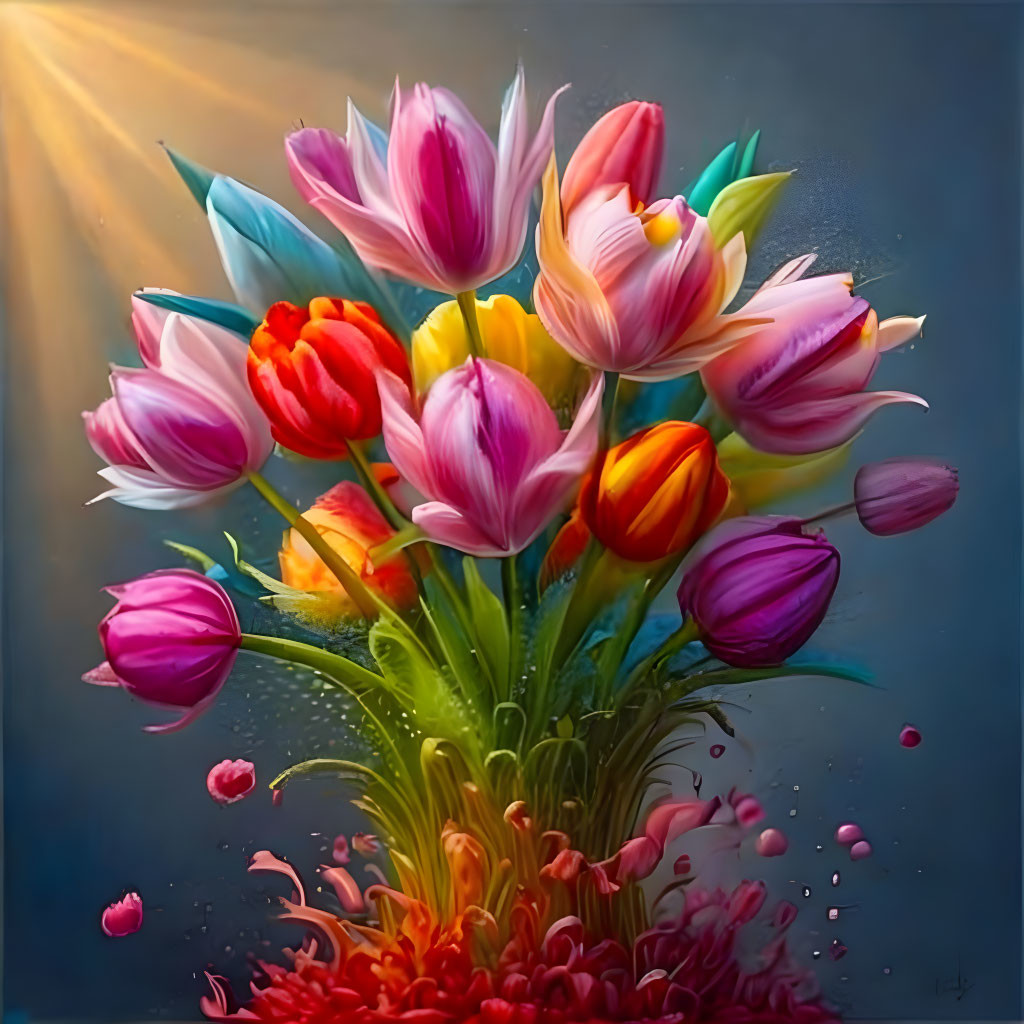 Colorful Tulip Bouquet in Pink, Purple, Red, and Orange with Sunbeams on