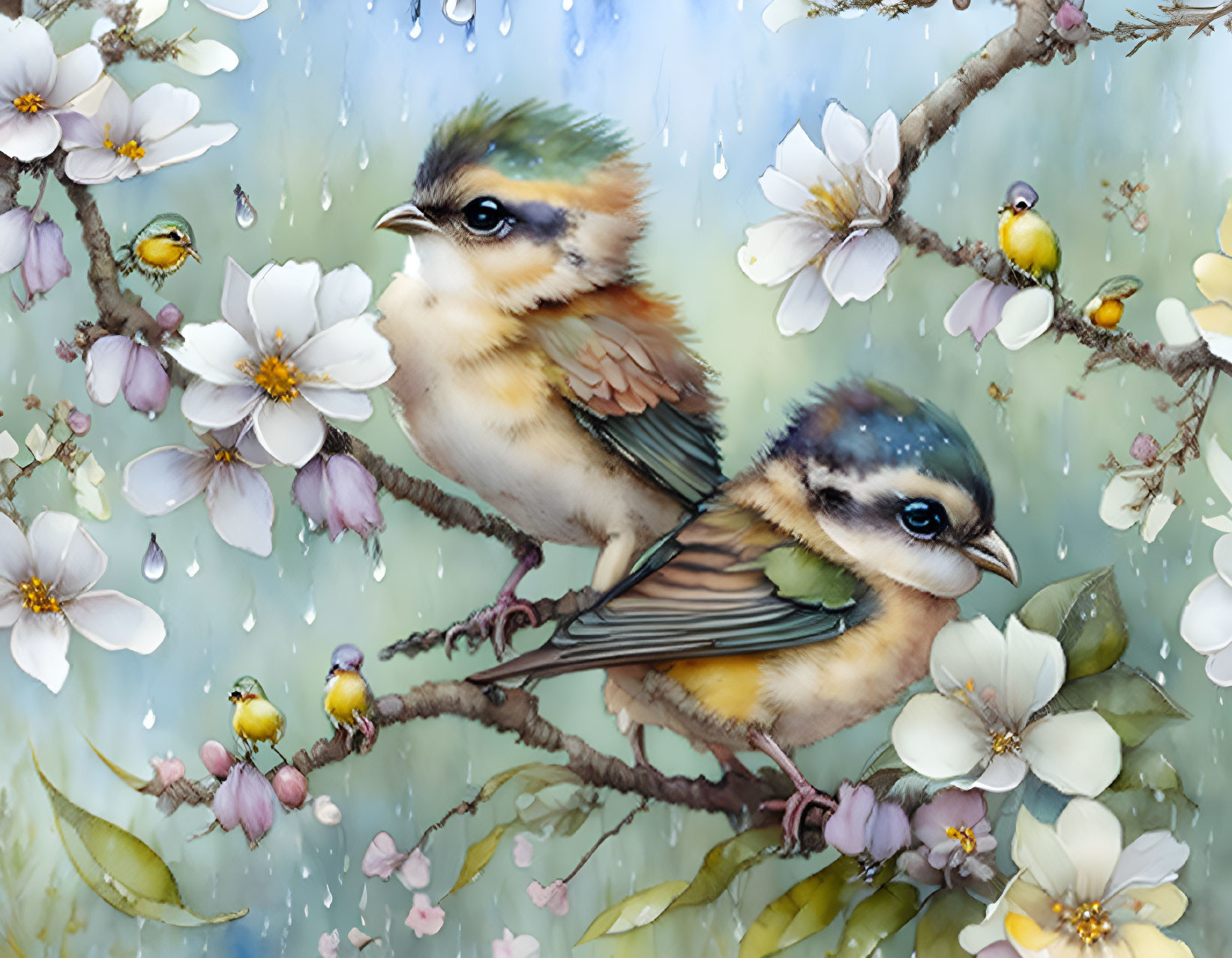 Colorful Stylized Birds Perched on Blossoming Branch