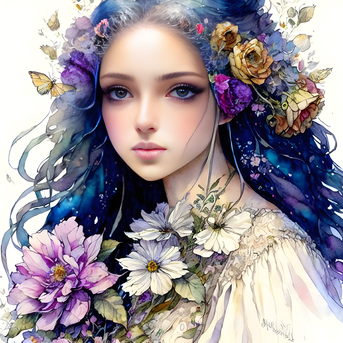 Ethereal woman surrounded by flowers and butterflies in harmonious colors