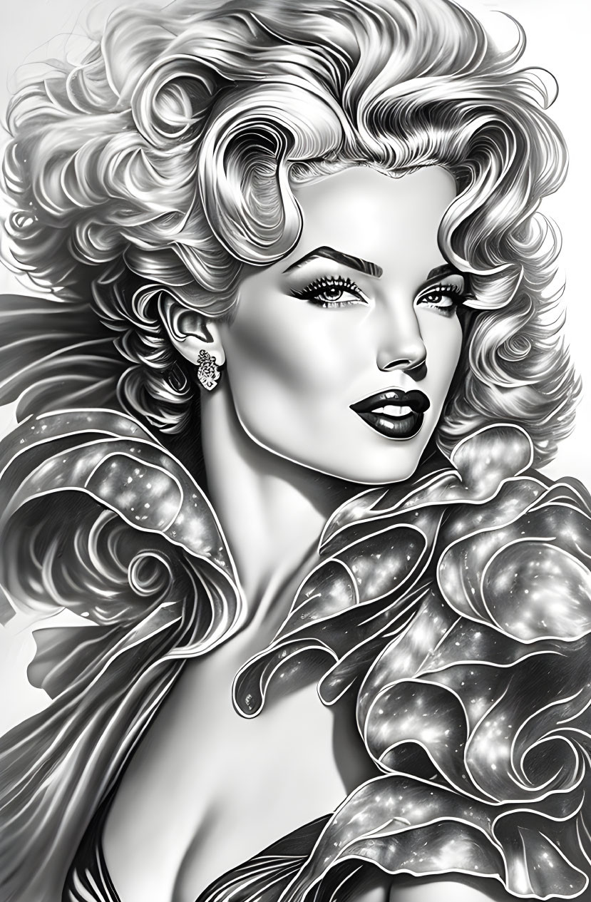 Monochromatic illustration of woman with curly hair and glamorous outfit