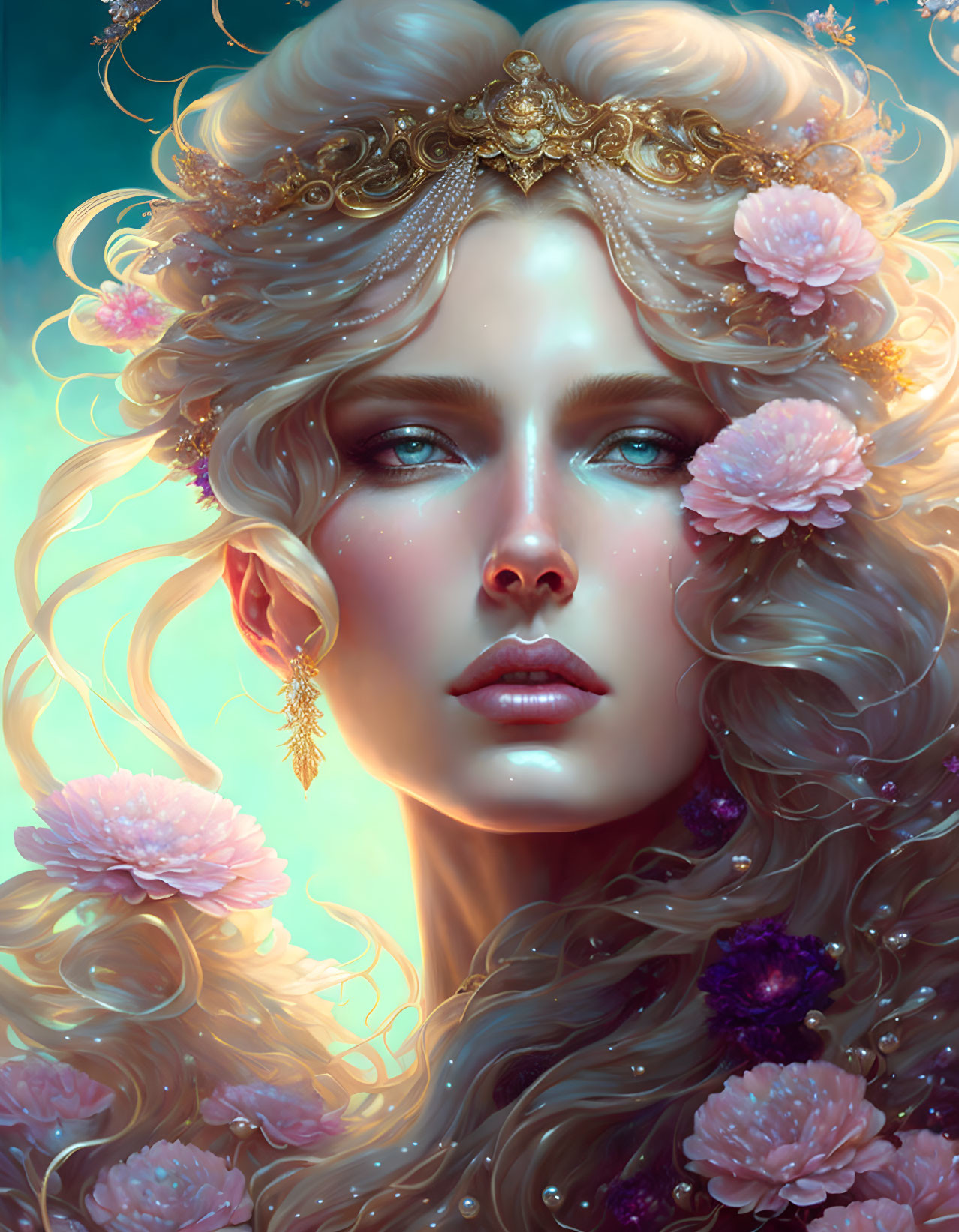 Digital artwork: Woman with golden hair, pink flowers, decorative headpiece, blue eyes, ethereal