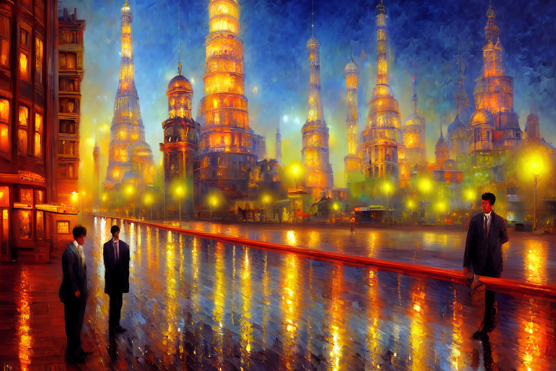 Three people walking in vibrant cityscape with tall spires and warm lighting