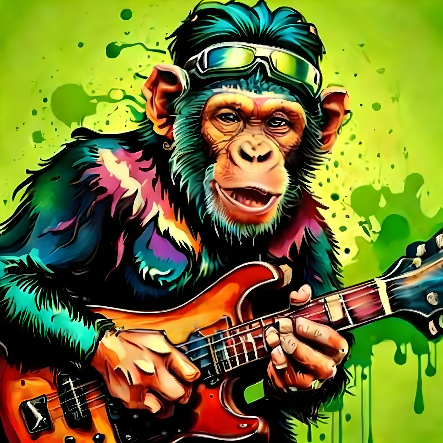 Colorful Chimpanzee Playing Electric Guitar in Sunglasses on Vibrant Green Background