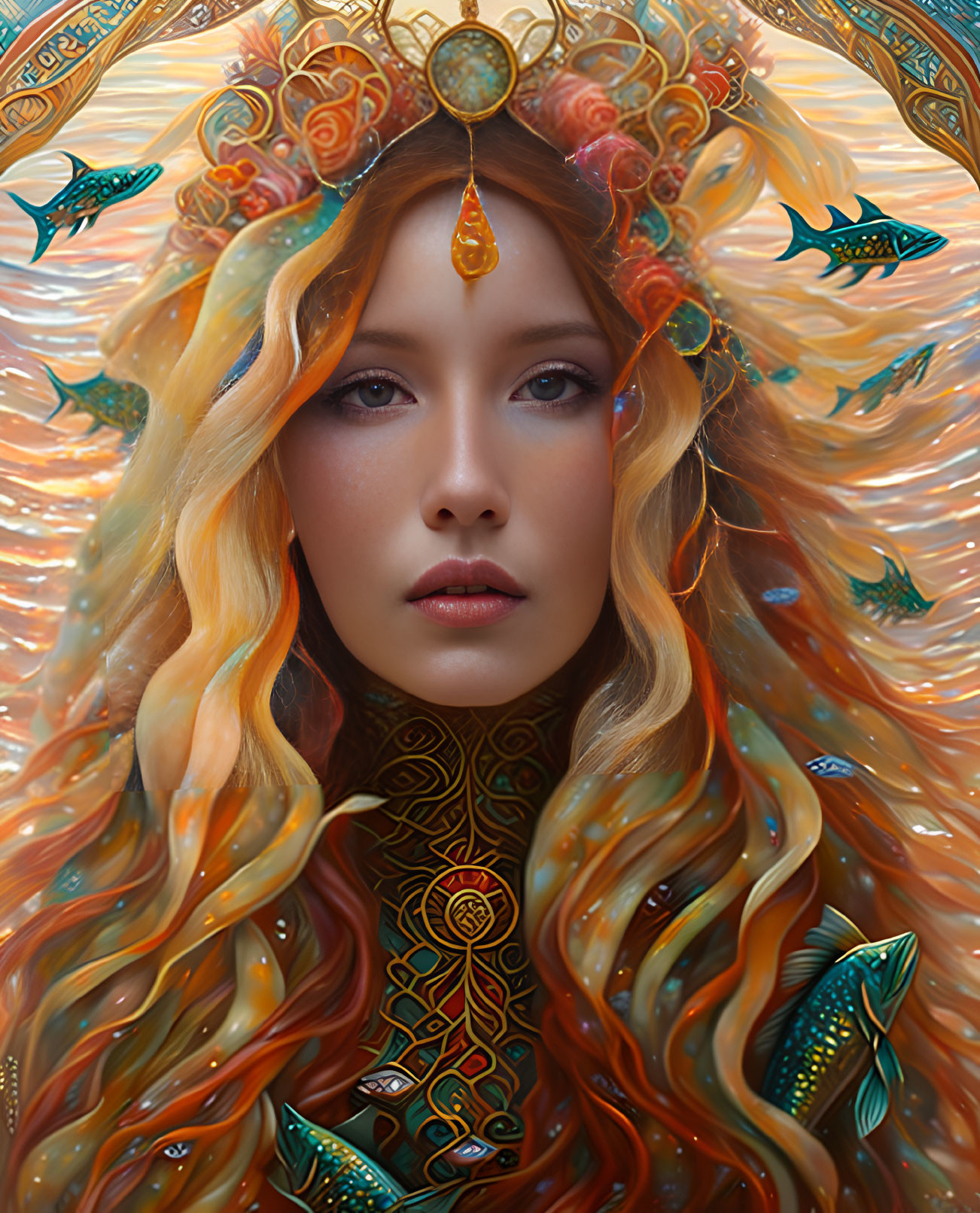 Digital portrait of woman with jeweled headgear and flowing hair, set amidst intricate patterns and fish.