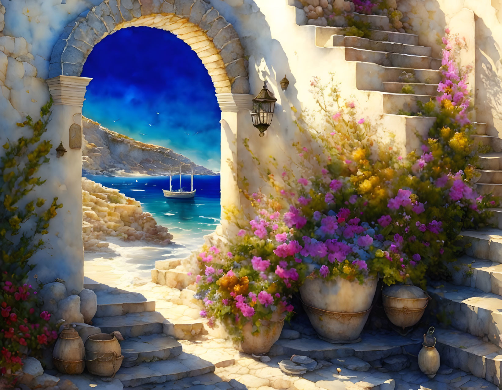 Mediterranean seaside scene with stone archway, bougainvillea, lantern, stairs,