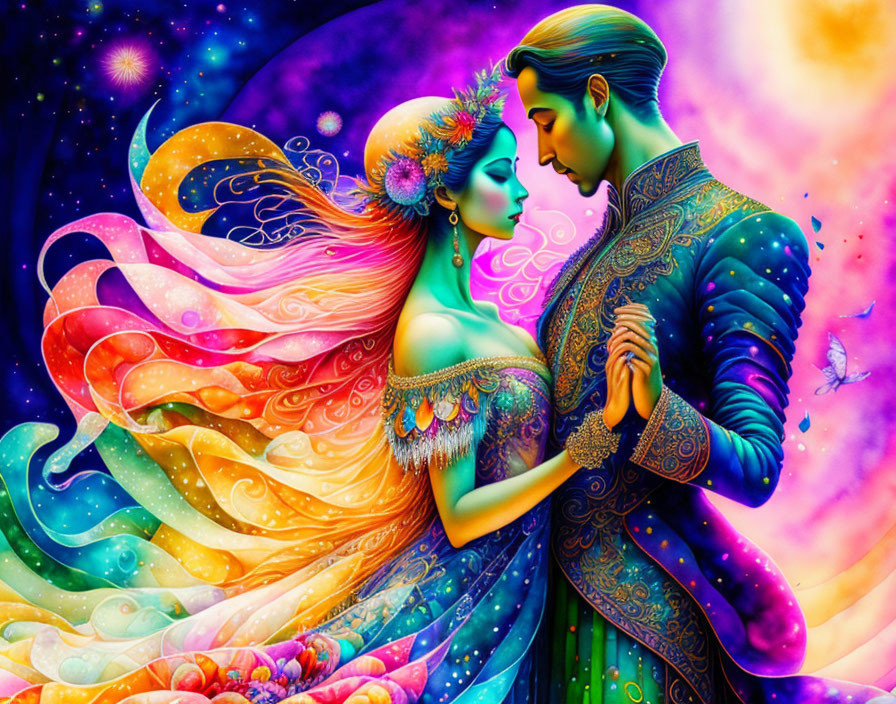 Colorful Embracing Couple Illustration with Cosmic Background