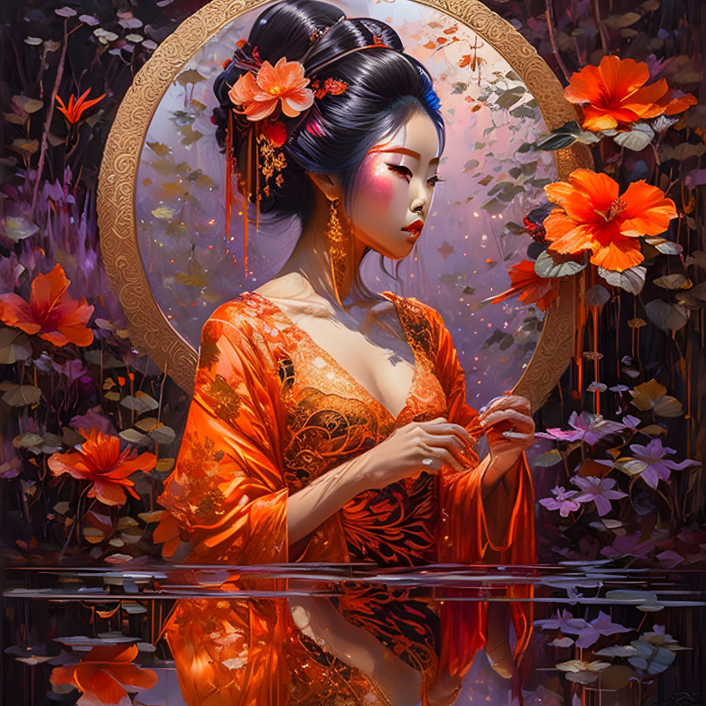 Illustrated Woman in Ornate Orange Dress with Floral Hair Accessories