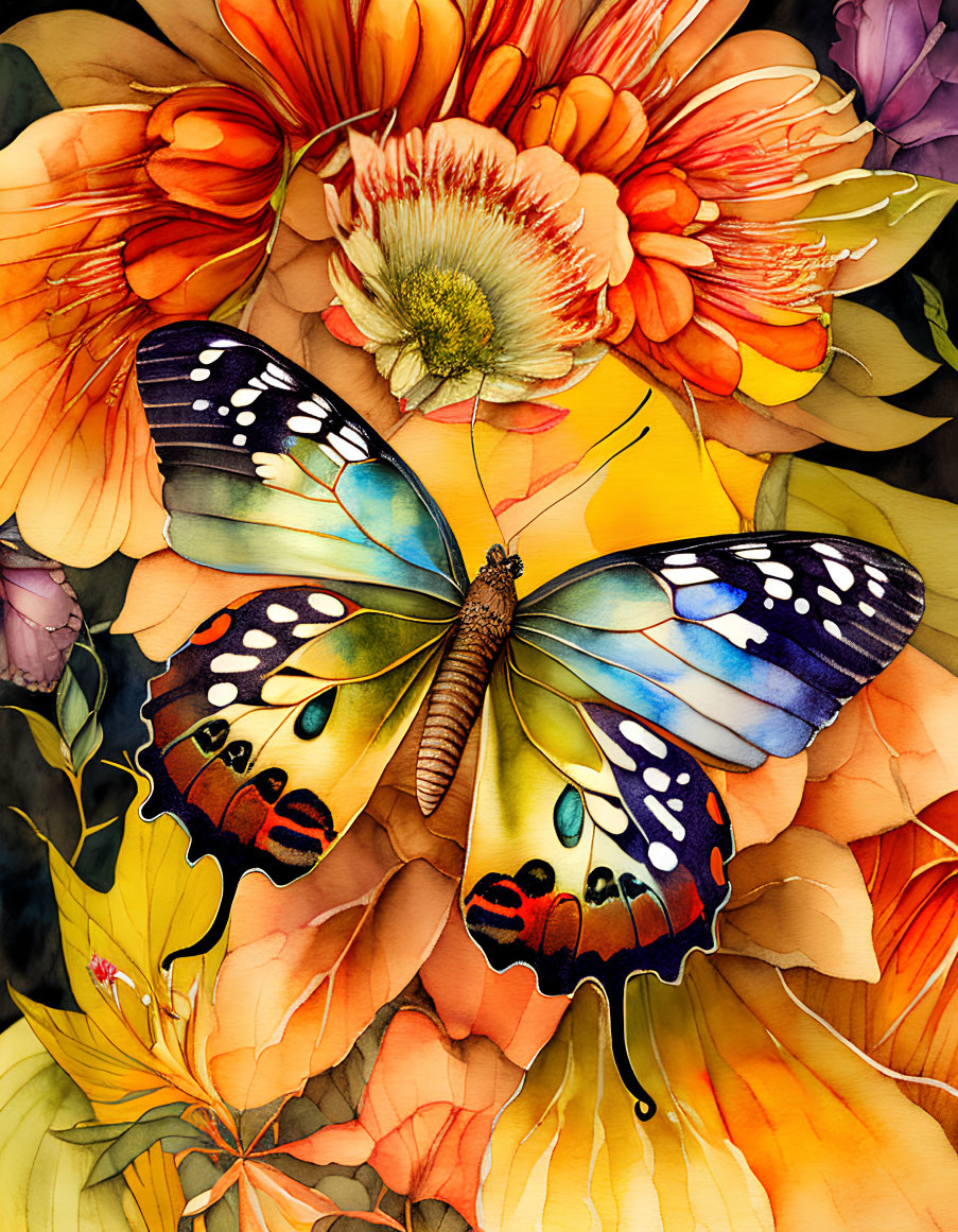 Colorful Butterfly Watercolor Painting on Orange Flowers