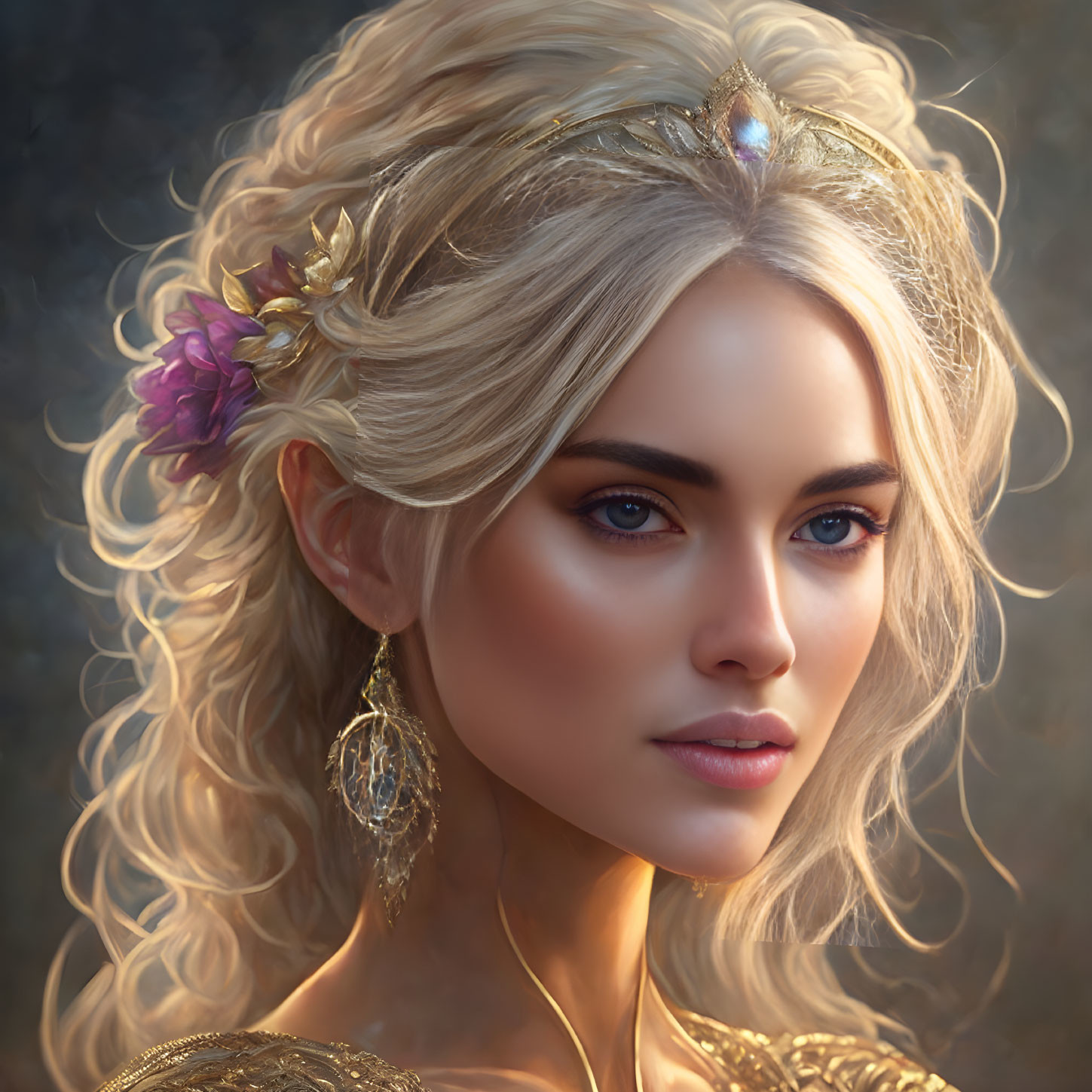 Portrait of Woman with Striking Blue Eyes and Golden Hair in Bejeweled Tiara