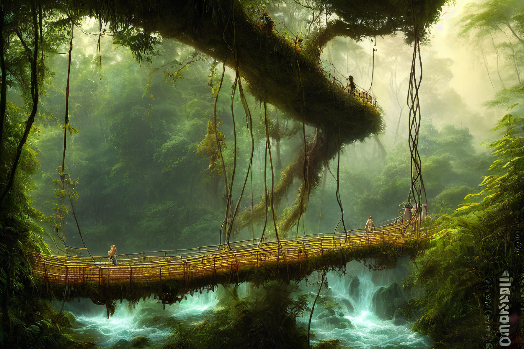 Ethereal jungle scene with mist, suspension bridge, and lush trees