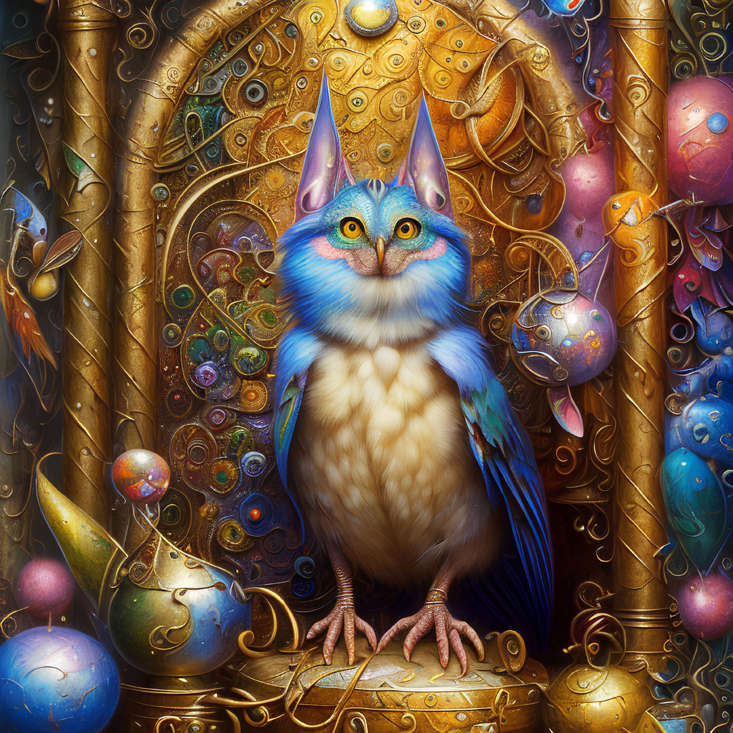 Colorful anthropomorphic owl painting with blue feathers and golden patterns