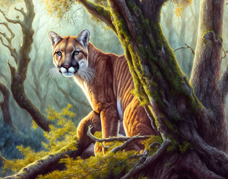 Realistic digital illustration: Cougar behind tree in misty forest