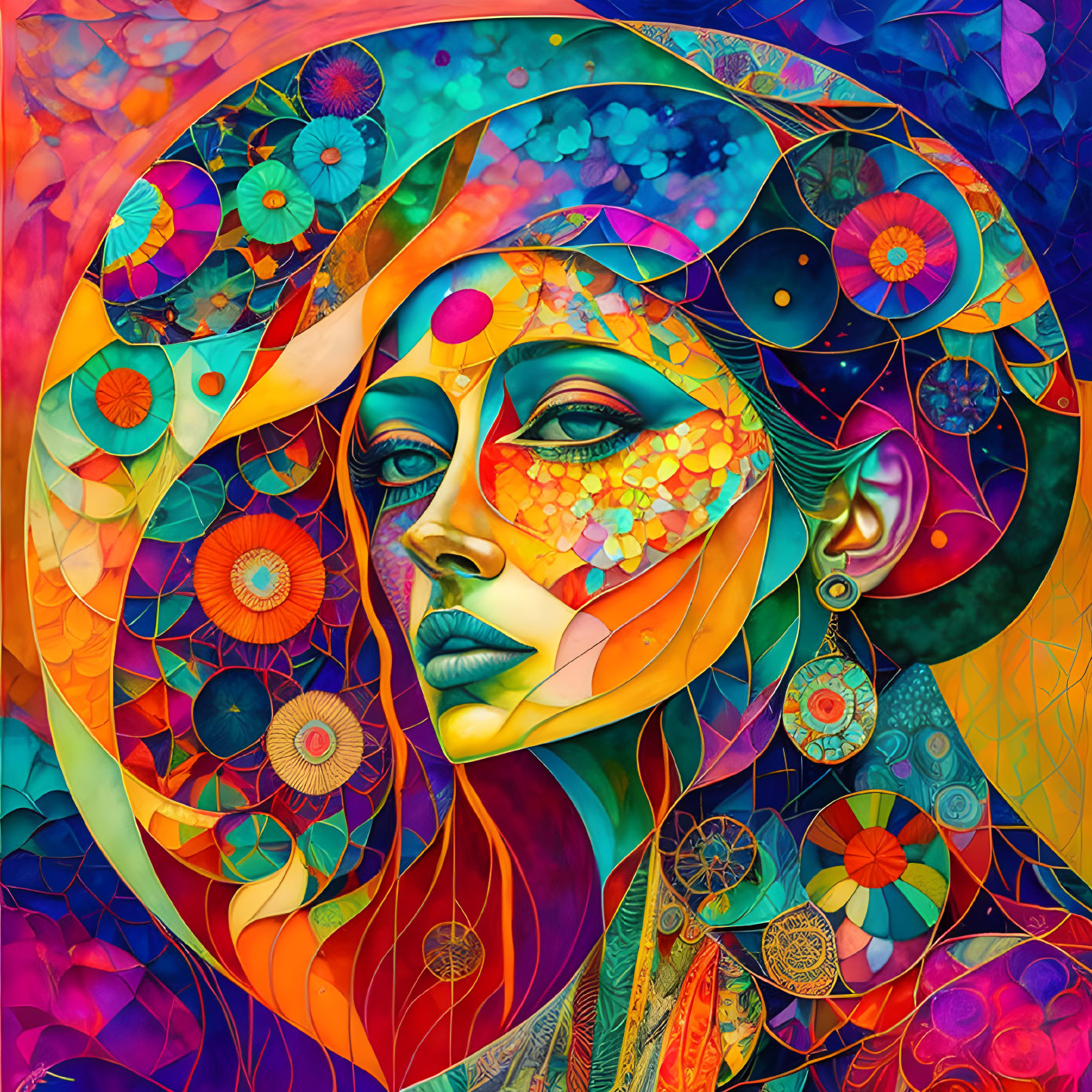 Vibrant abstract portrait of a woman with floral and geometric elements