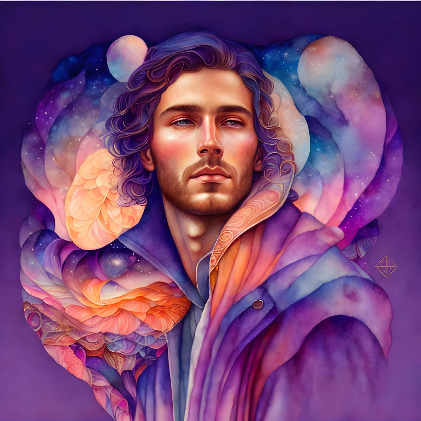 Vibrant cosmic-inspired digital artwork of a man with flowing hair