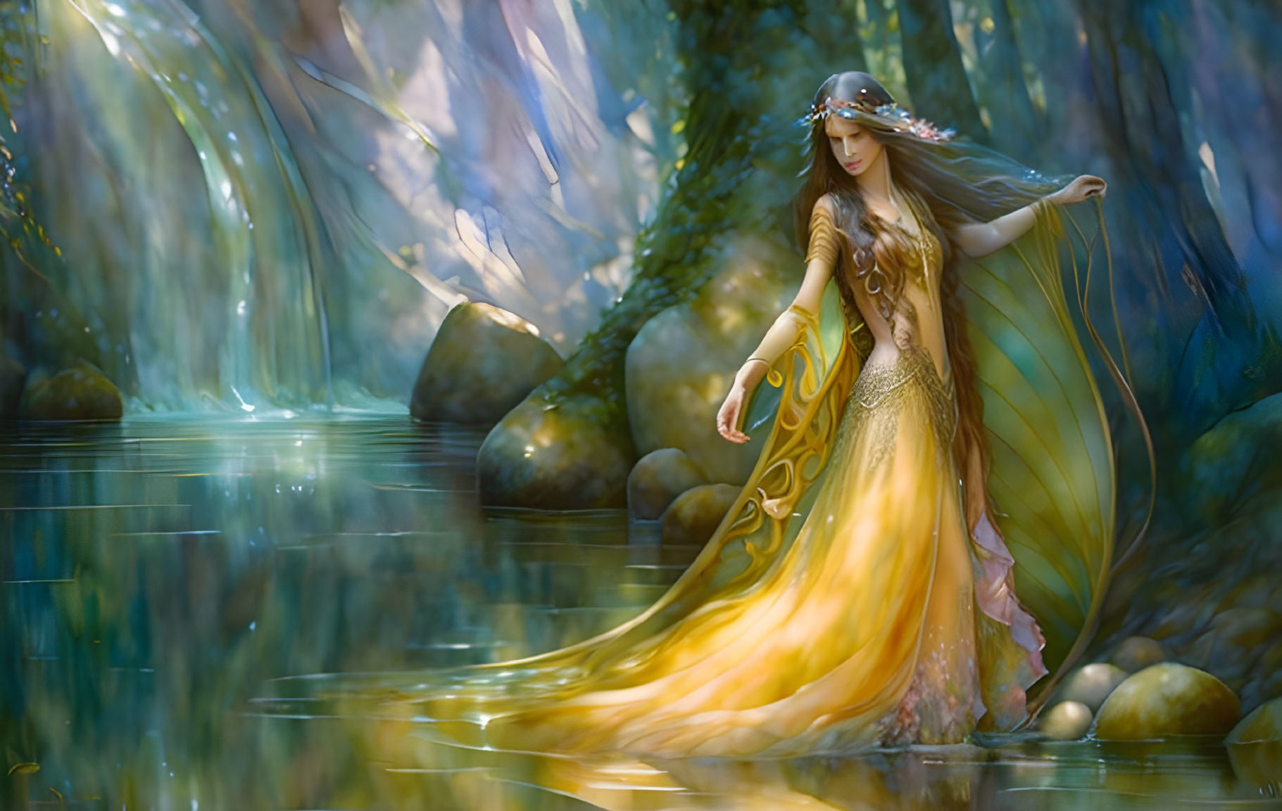 Ethereal woman in golden gown in mystical forest with sunlight and water.