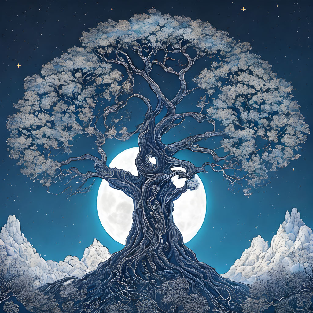 Majestic tree with intricate branches under full moon