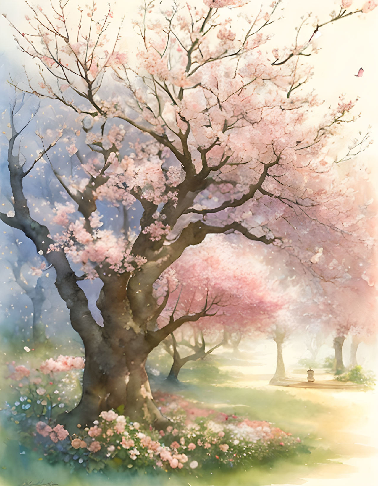 Tranquil cherry blossom trees in full bloom with soft sunlight on a peaceful pathway