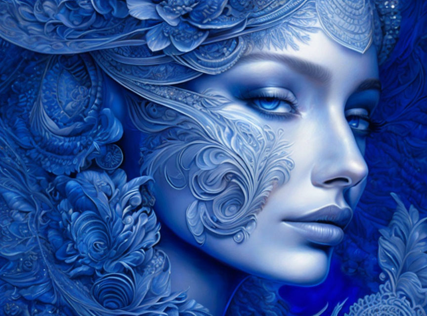 Intricate blue patterns on woman blending into monochromatic background