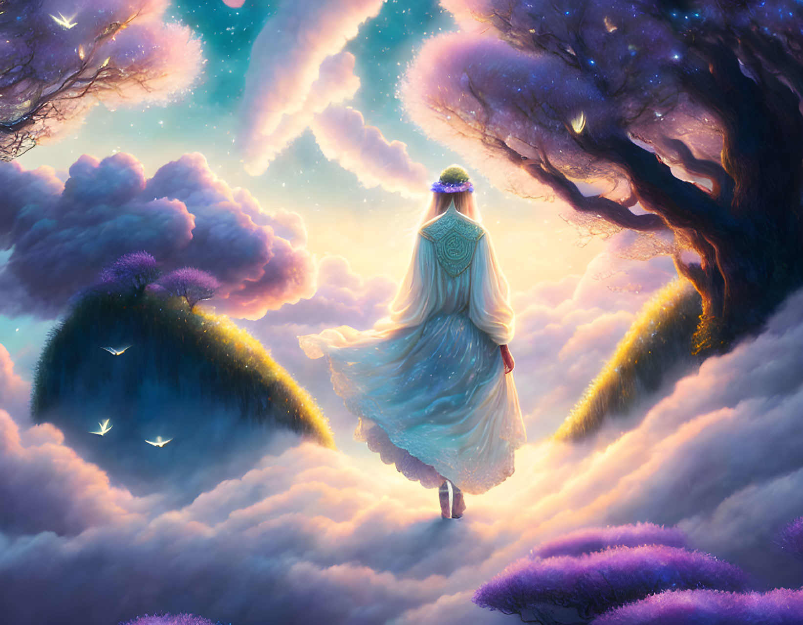 Woman in flowing dress walking towards radiant horizon amid trees, twilight sky, clouds, and birds.