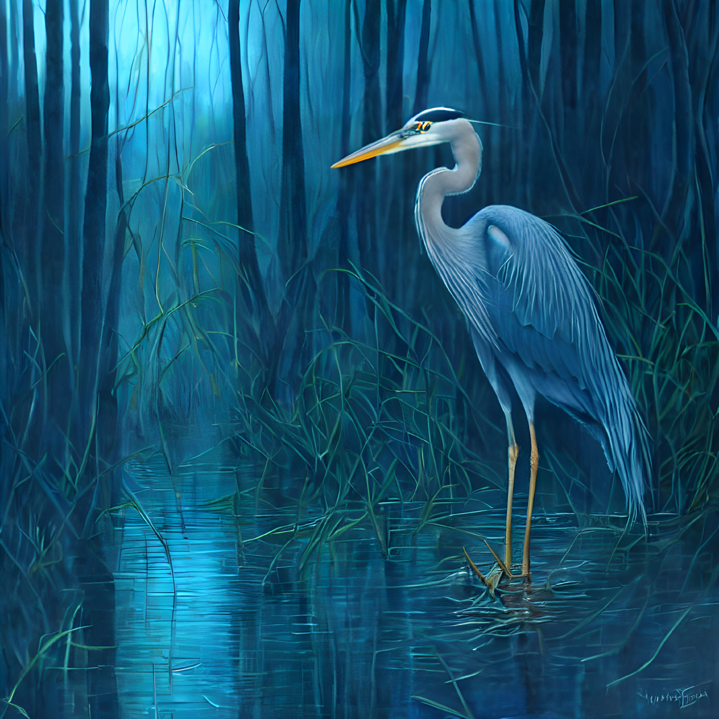 Great Blue Heron in Serene Wetland with Trees and Grasses