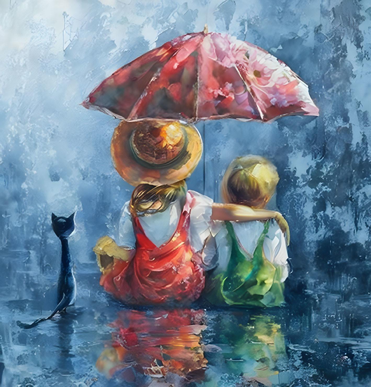 Children under red umbrella with black cat in colorful painting