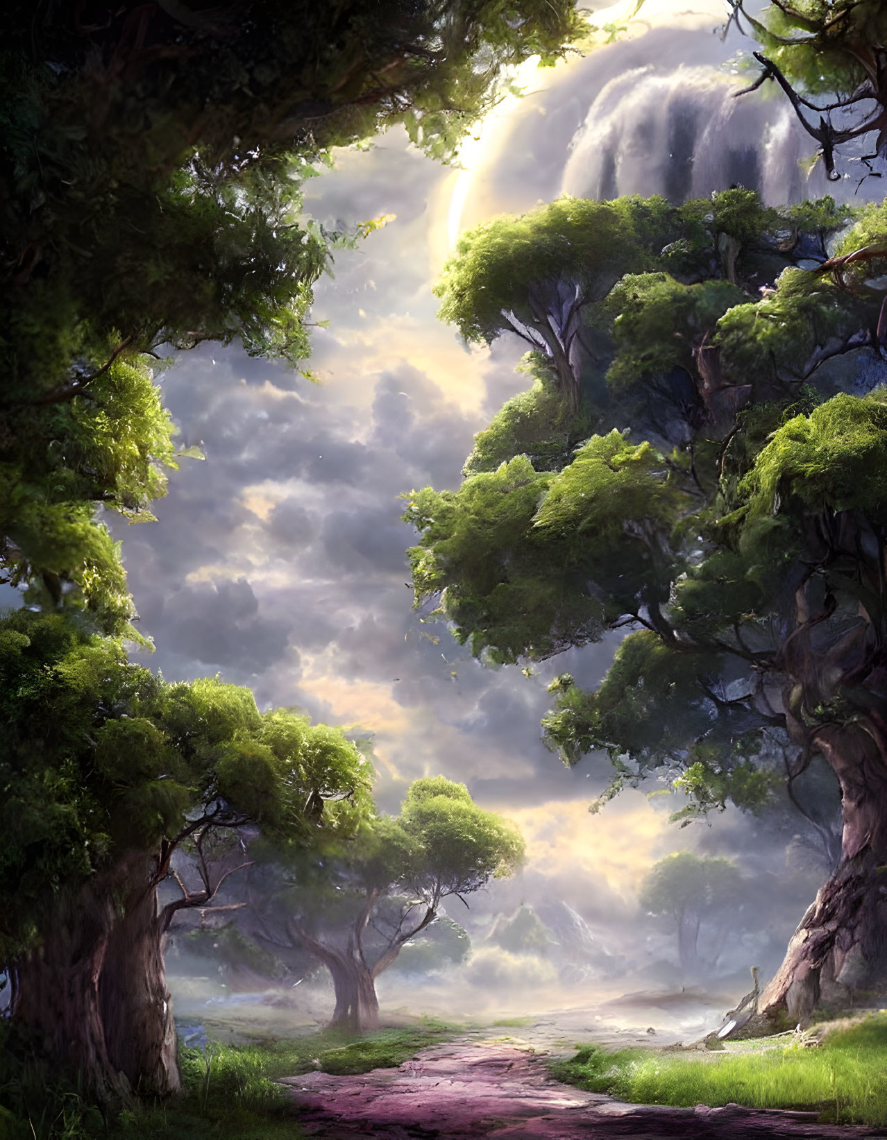 Majestic forest pathway with sunlight and mist