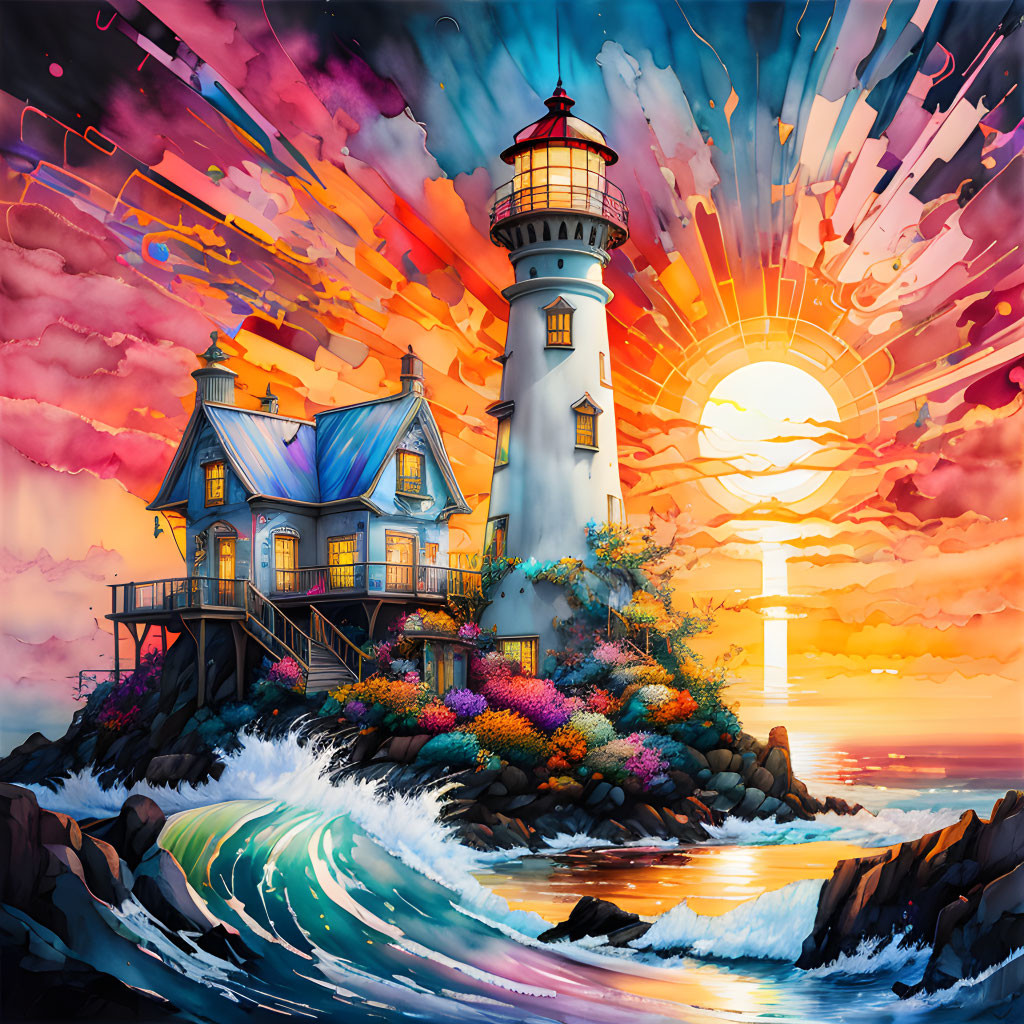 Colorful sunset scene with lighthouse, house, flowers, waves, abstract sky