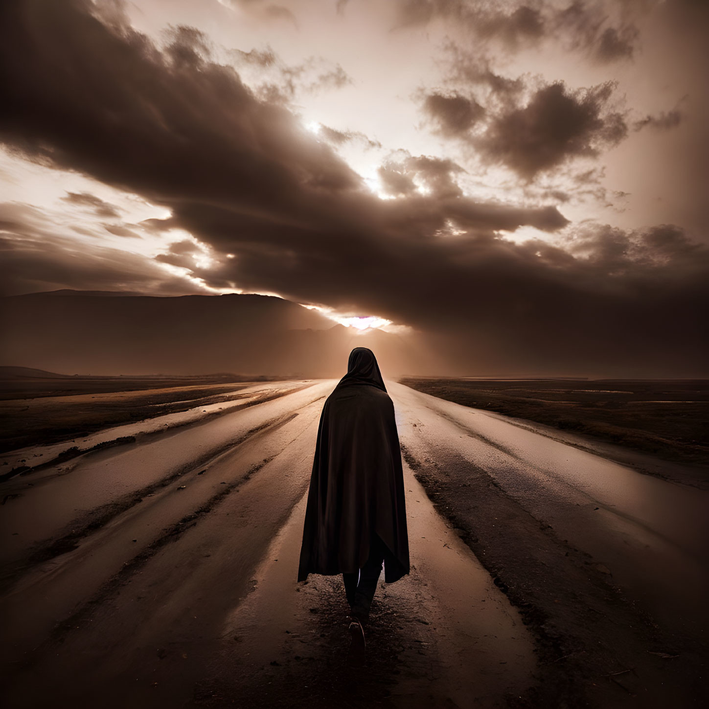 Cloaked figure walking on wet road under dramatic sunset