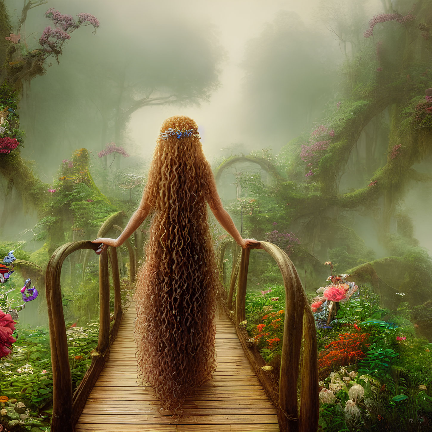 Woman with long, curly hair on wooden bridge in mystical forest with vibrant flowers and fog