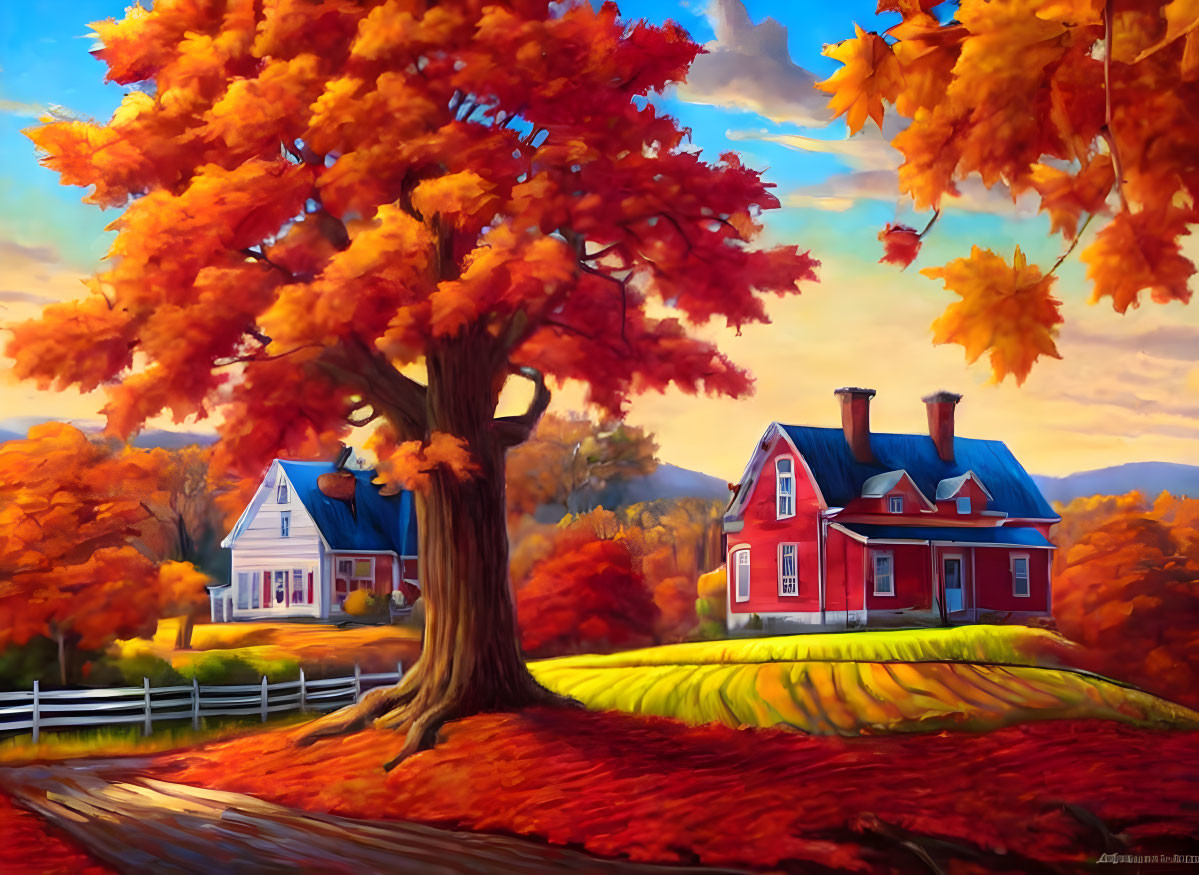 Vibrant red house and autumn foliage in scenic image