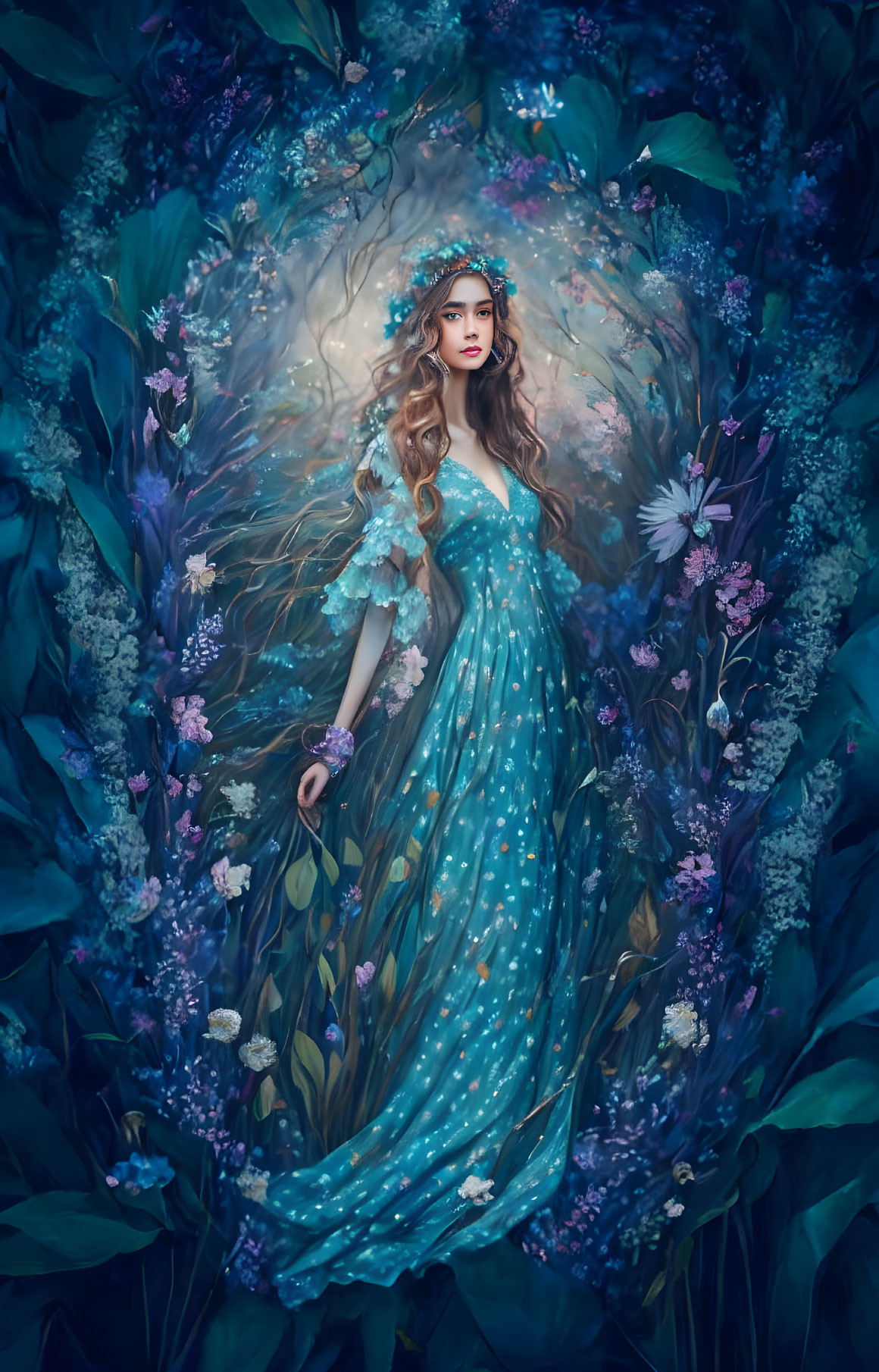 Woman in blue flowy dress with floral headpiece among dark blue and purple flowers in ethereal setting