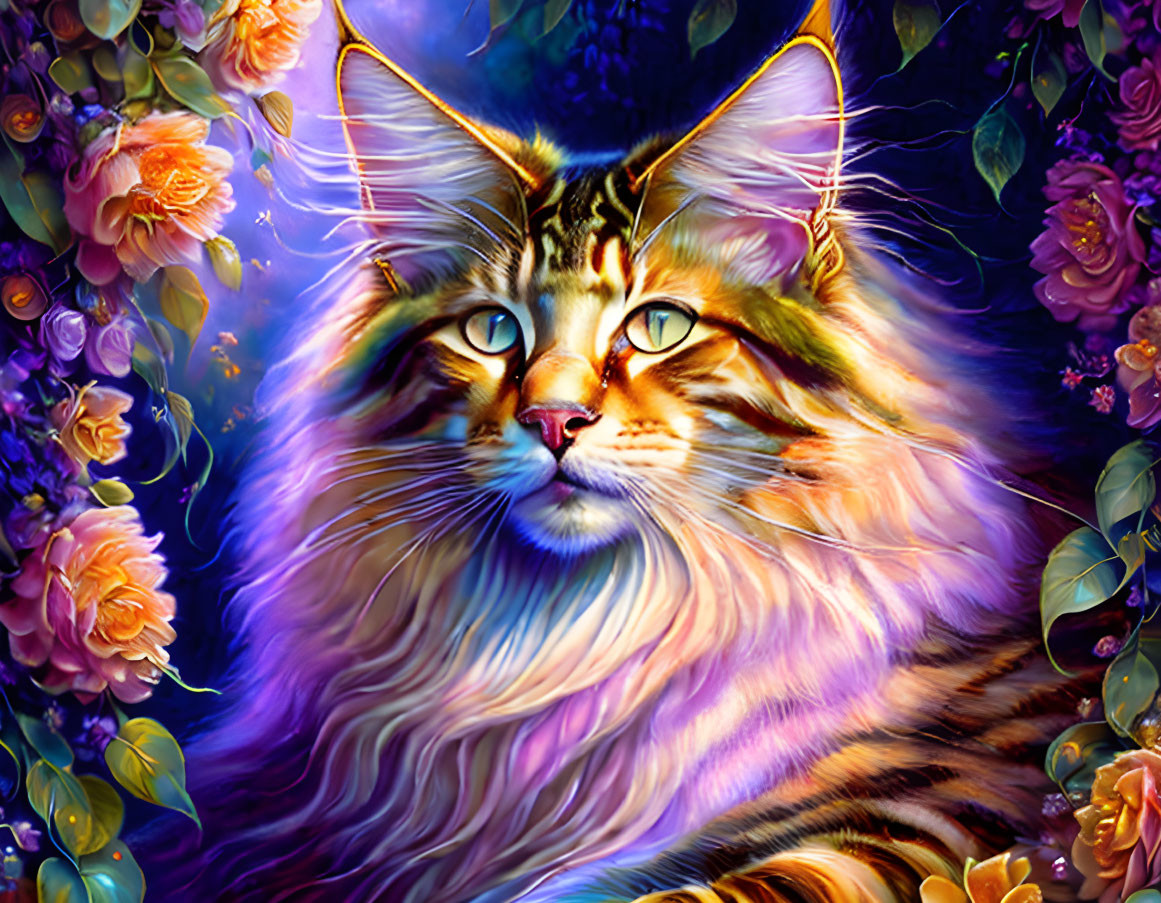 Vibrant Digital Painting: Majestic Cat with Intricate Fur Patterns and Fantastical Flowers