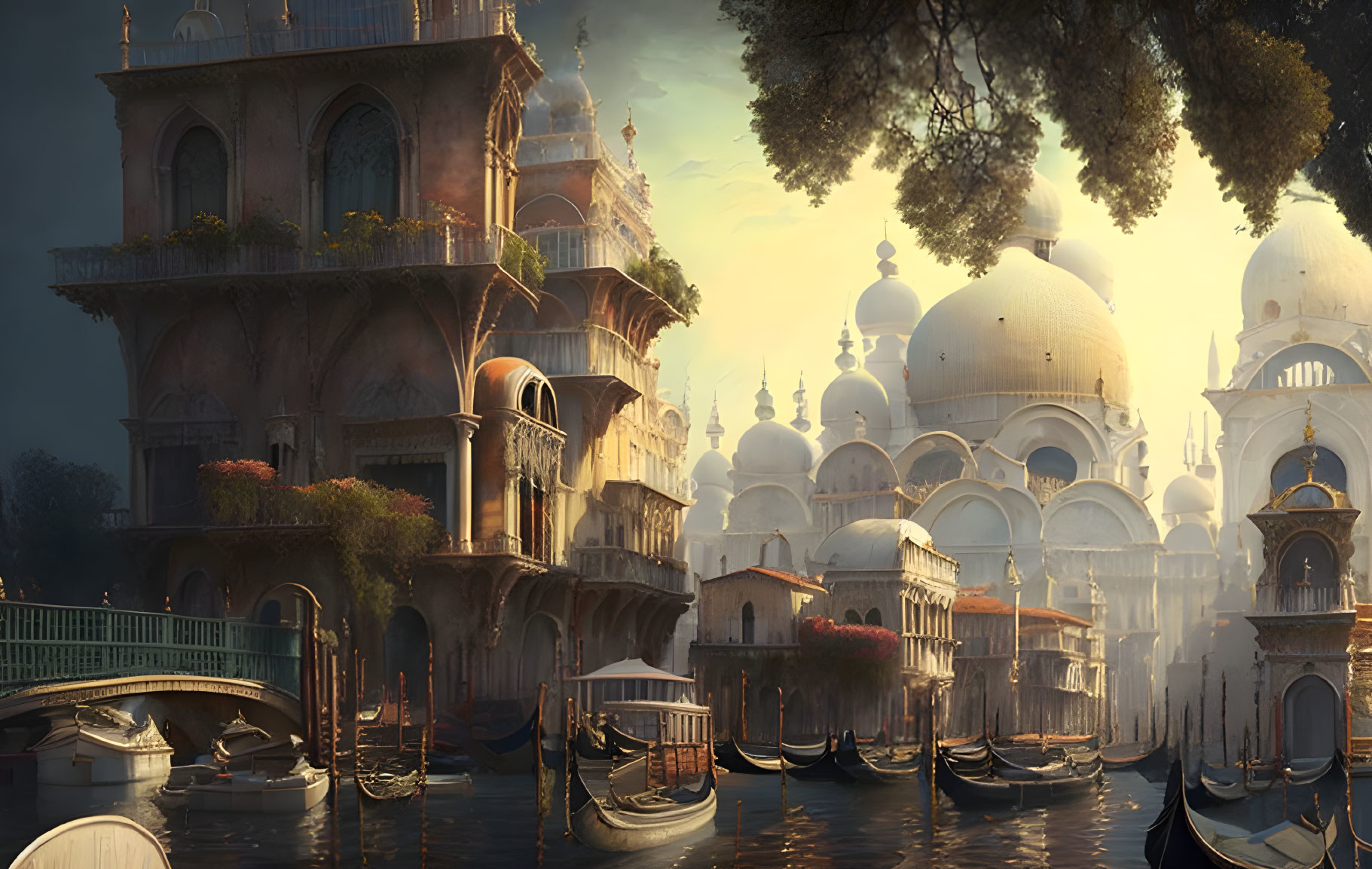 Fantastical cityscape with ornate buildings and domes in warm sunlight, by tranquil waters.