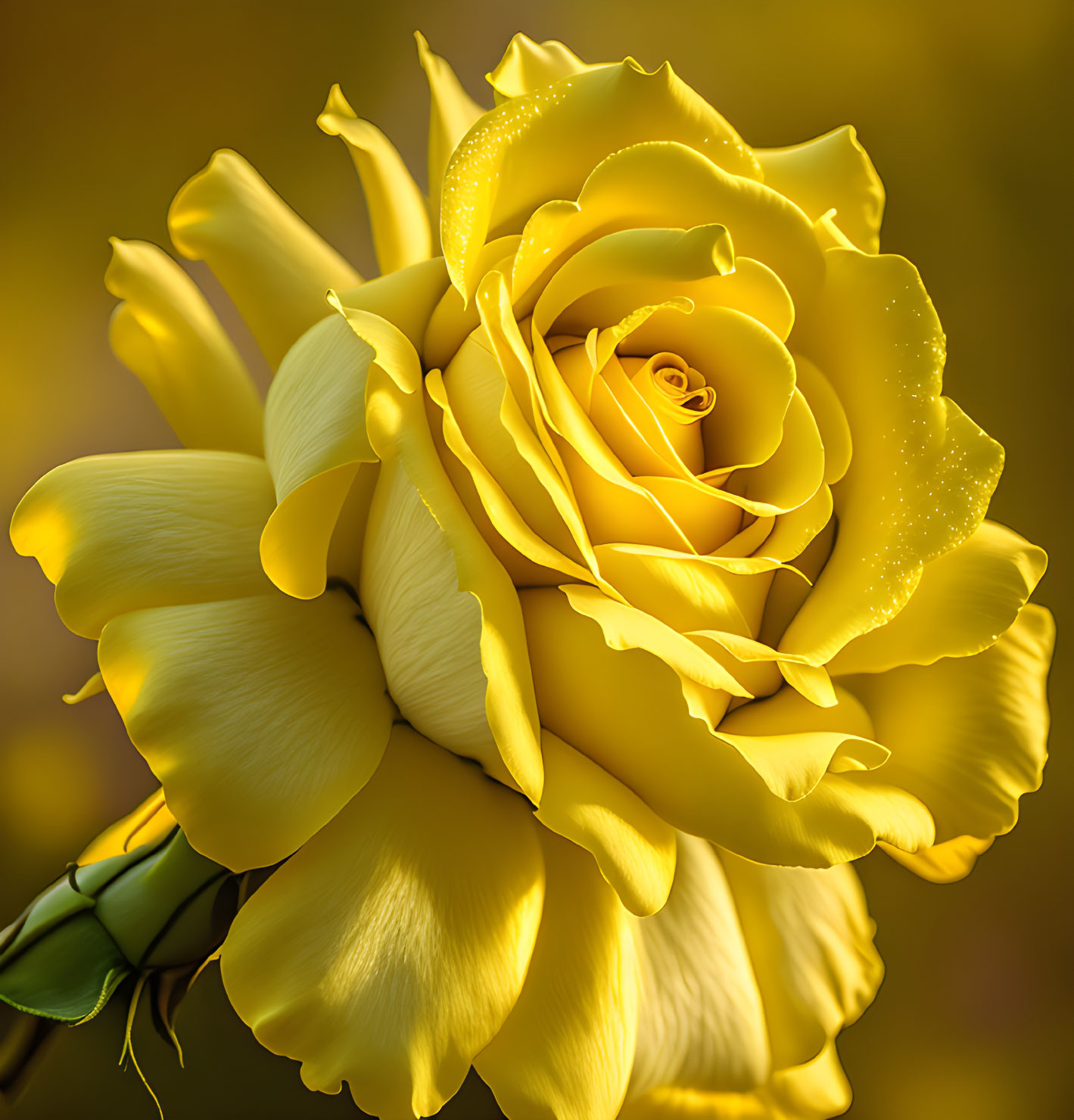 Vibrant yellow rose with dewdrops on golden background