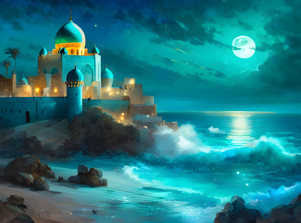 Moonlit fantasy palace by the sea with crashing waves, starlit sky, and glowing trail