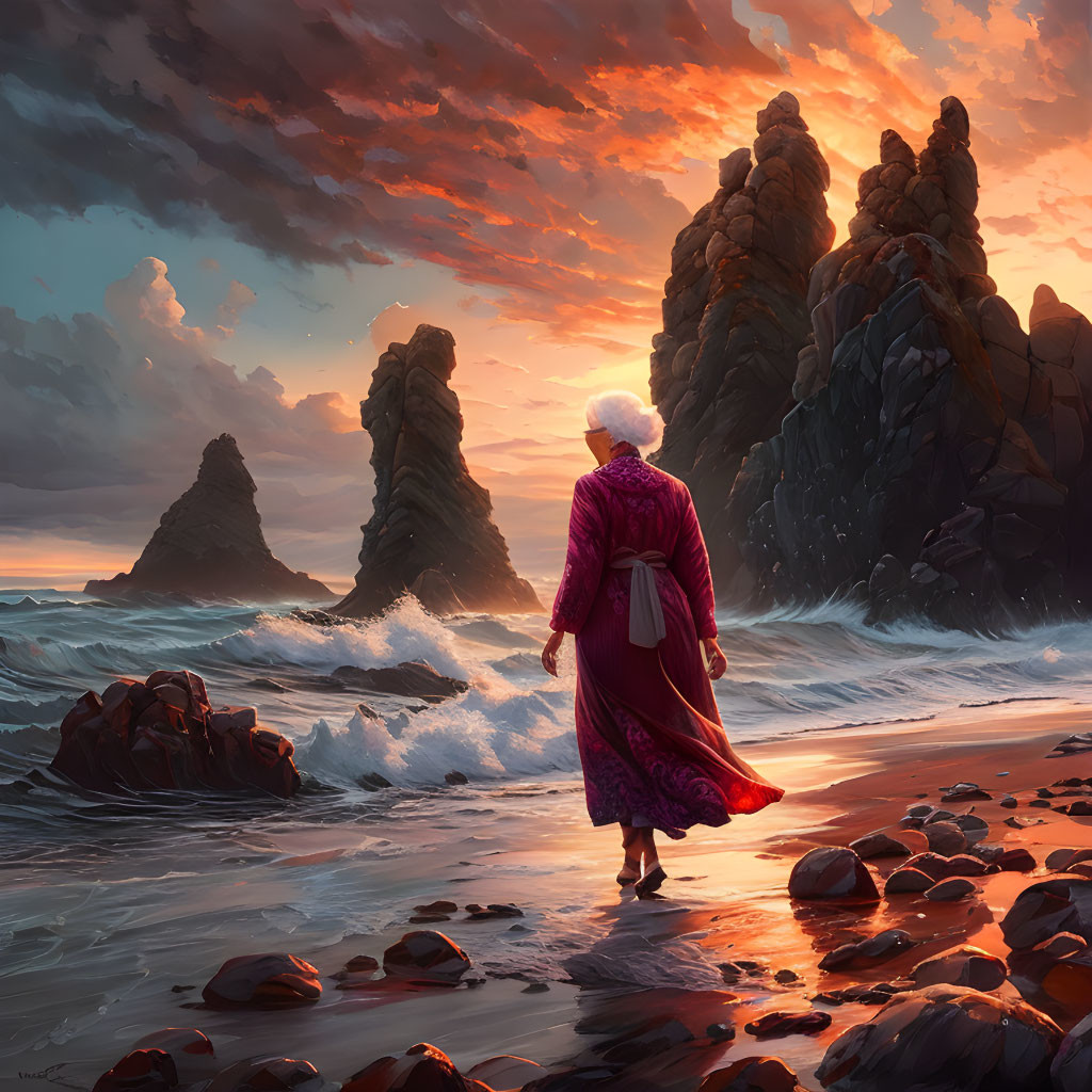 Person in Red Cape Gazes at Sea Stacks on Beach at Sunset