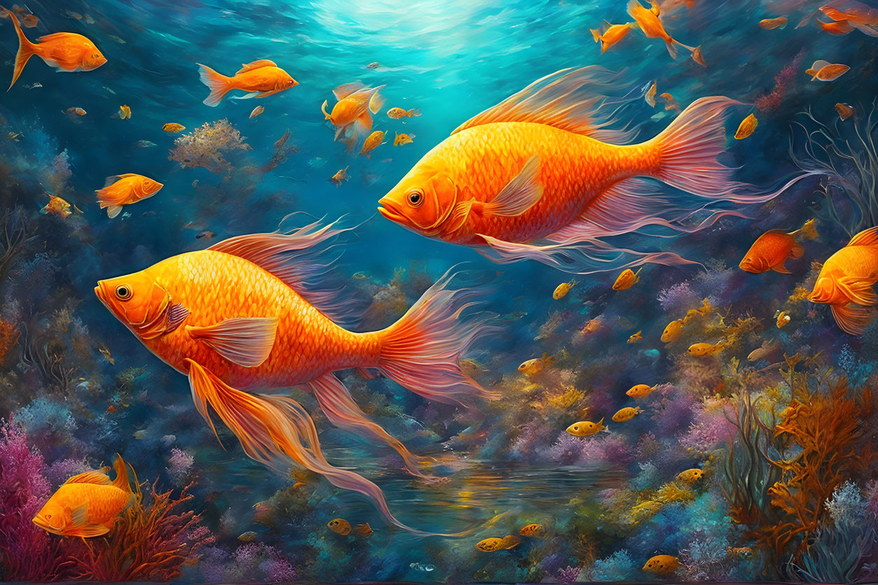 Vibrant orange goldfish in colorful underwater scene