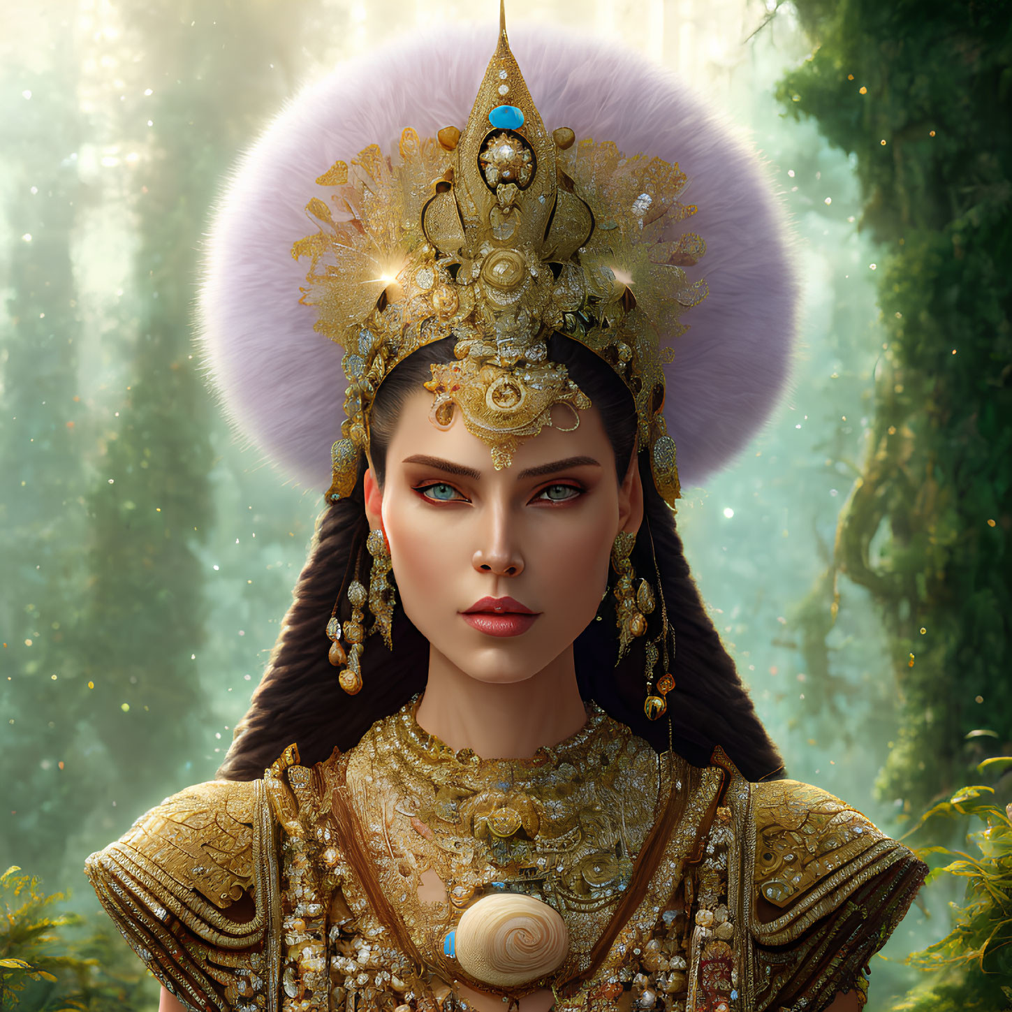 Intricate golden headgear and detailed embroidery on regal woman against serene forest.