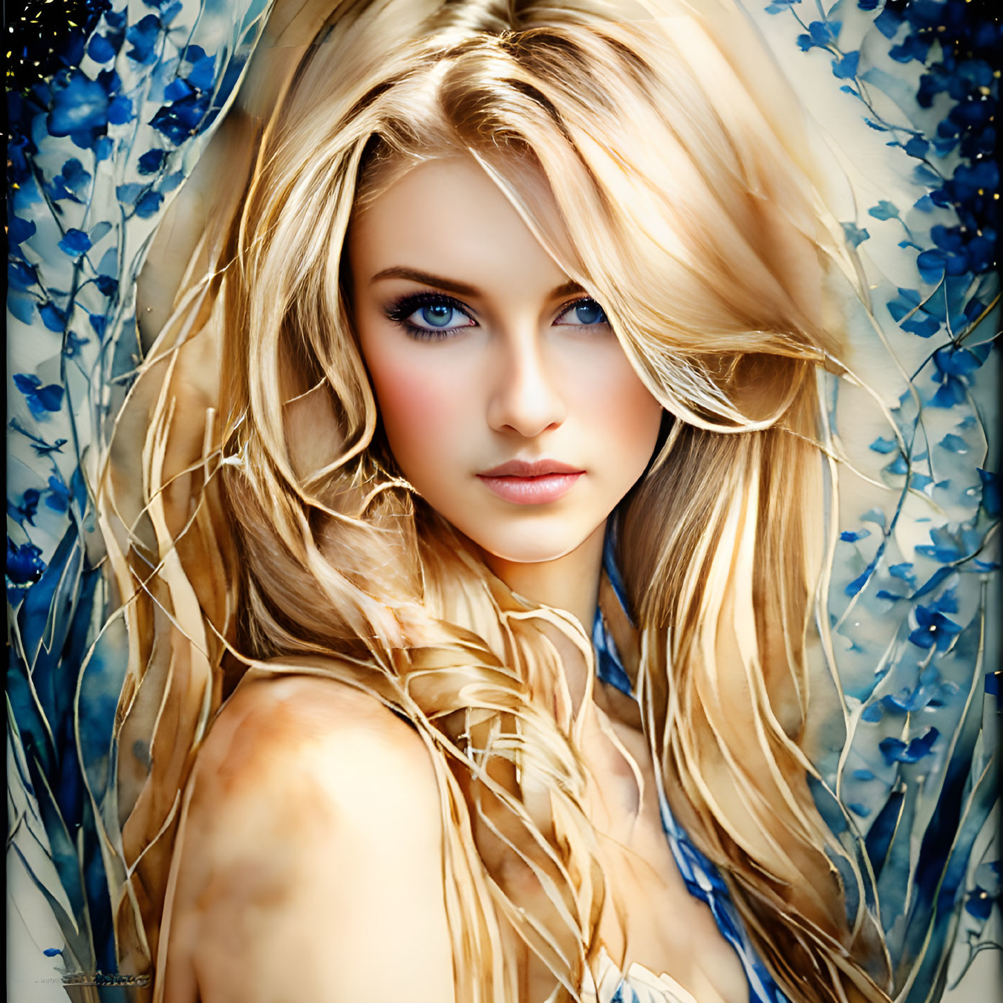 Blonde woman with blue flowers in serene pose