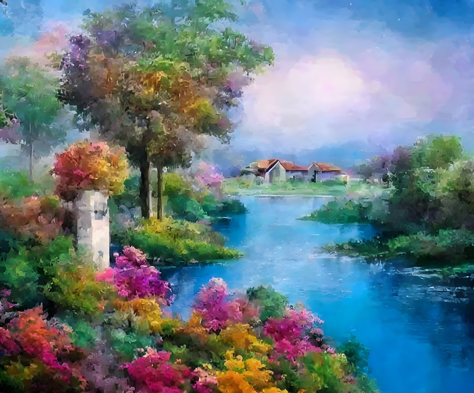 Impressionist-style painting of tranquil river landscape