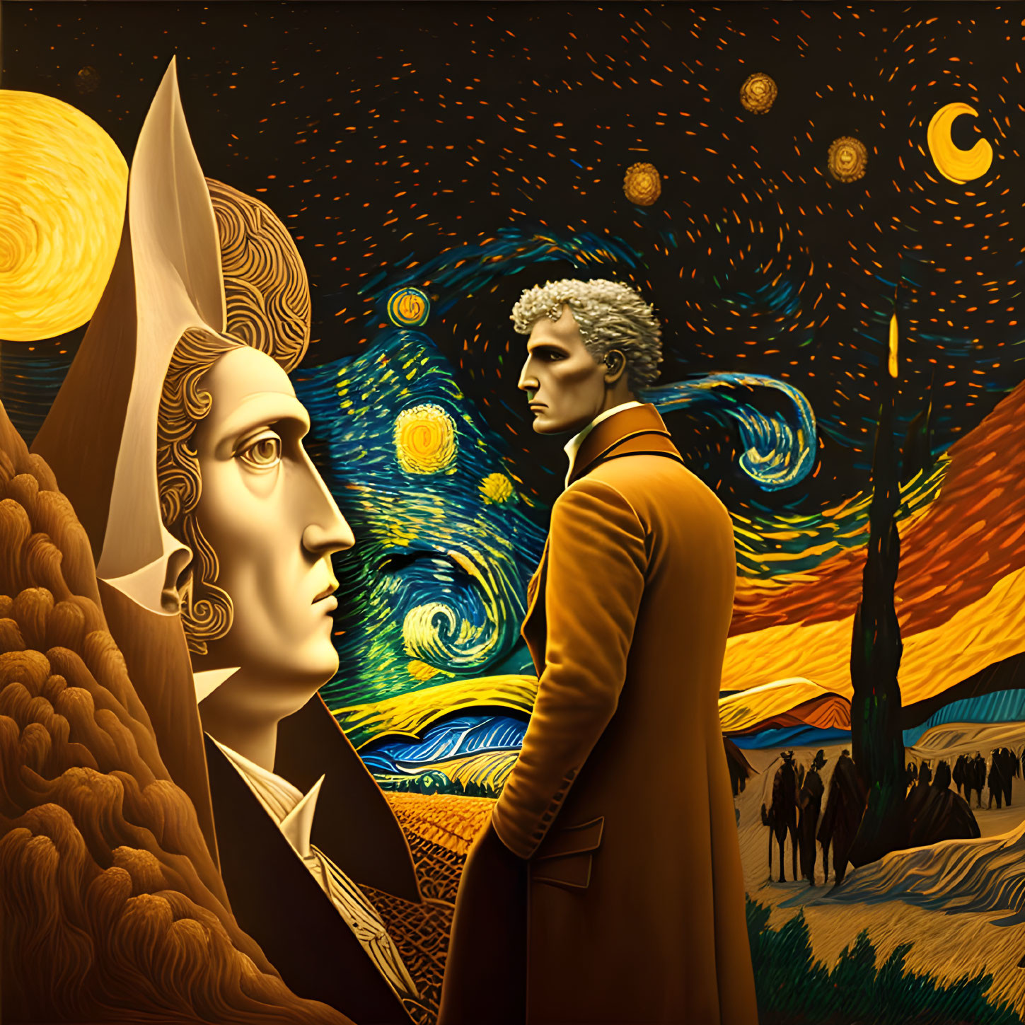 Surreal art blending classical statue with man in trench coat against celestial backdrop