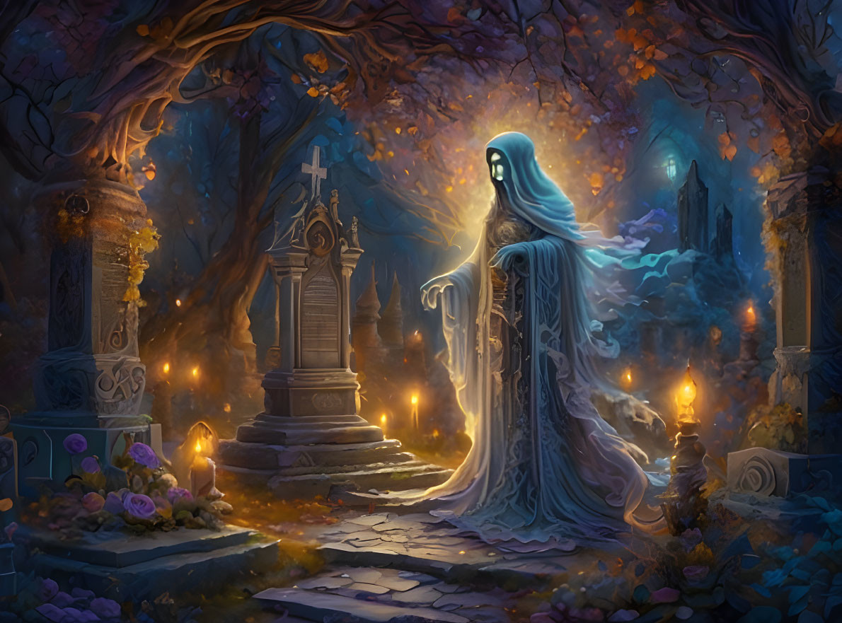 Ghostly Blue Robed Figure in Candle-Lit Cemetery at Twilight