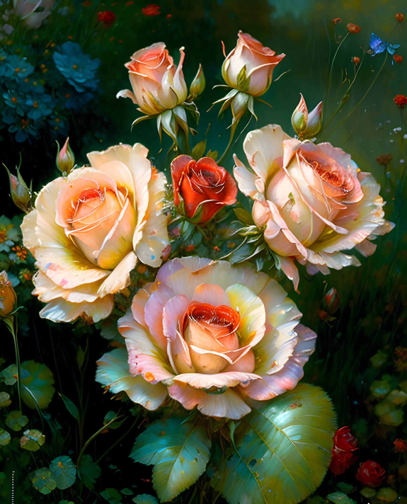 Colorful Dew-Kissed Roses in Various Stages of Bloom Among Greenery