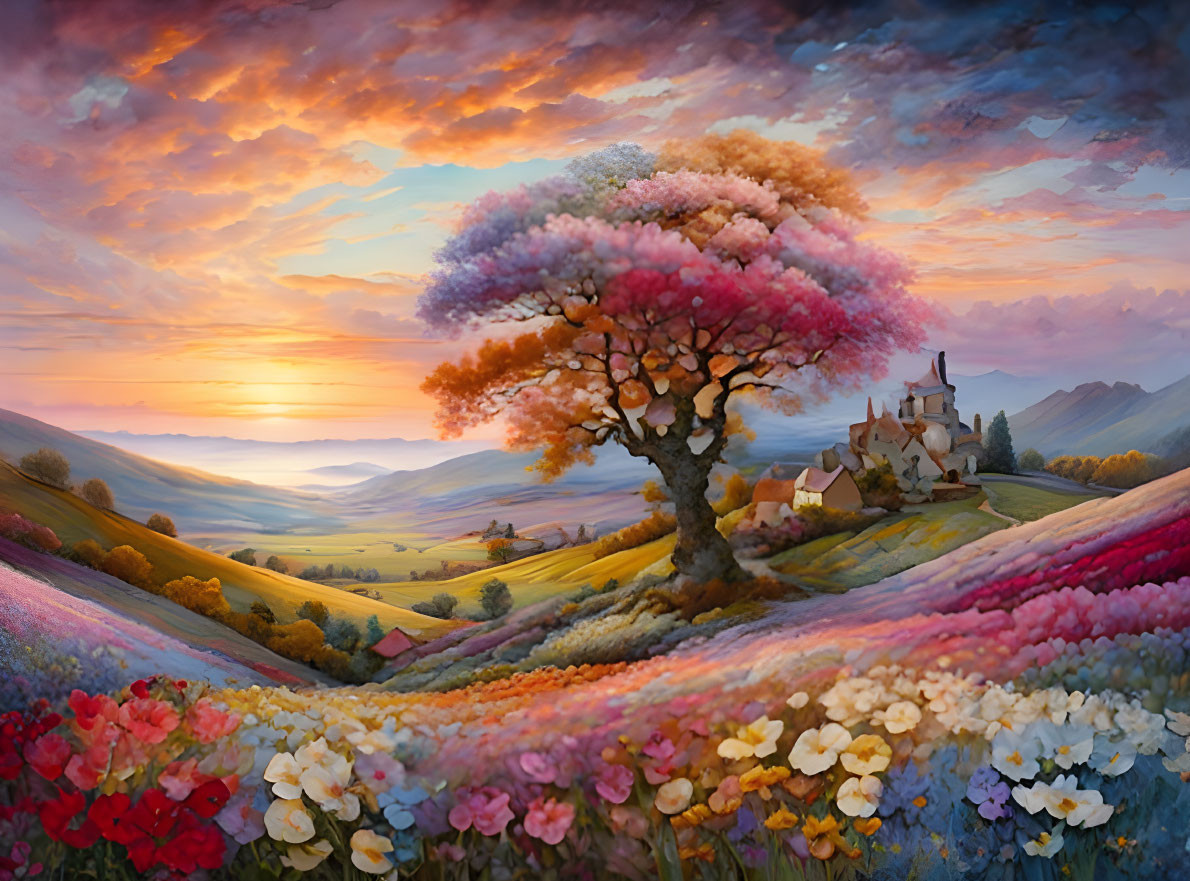 Colorful tree, castle, flowers, sunset in vibrant landscape painting