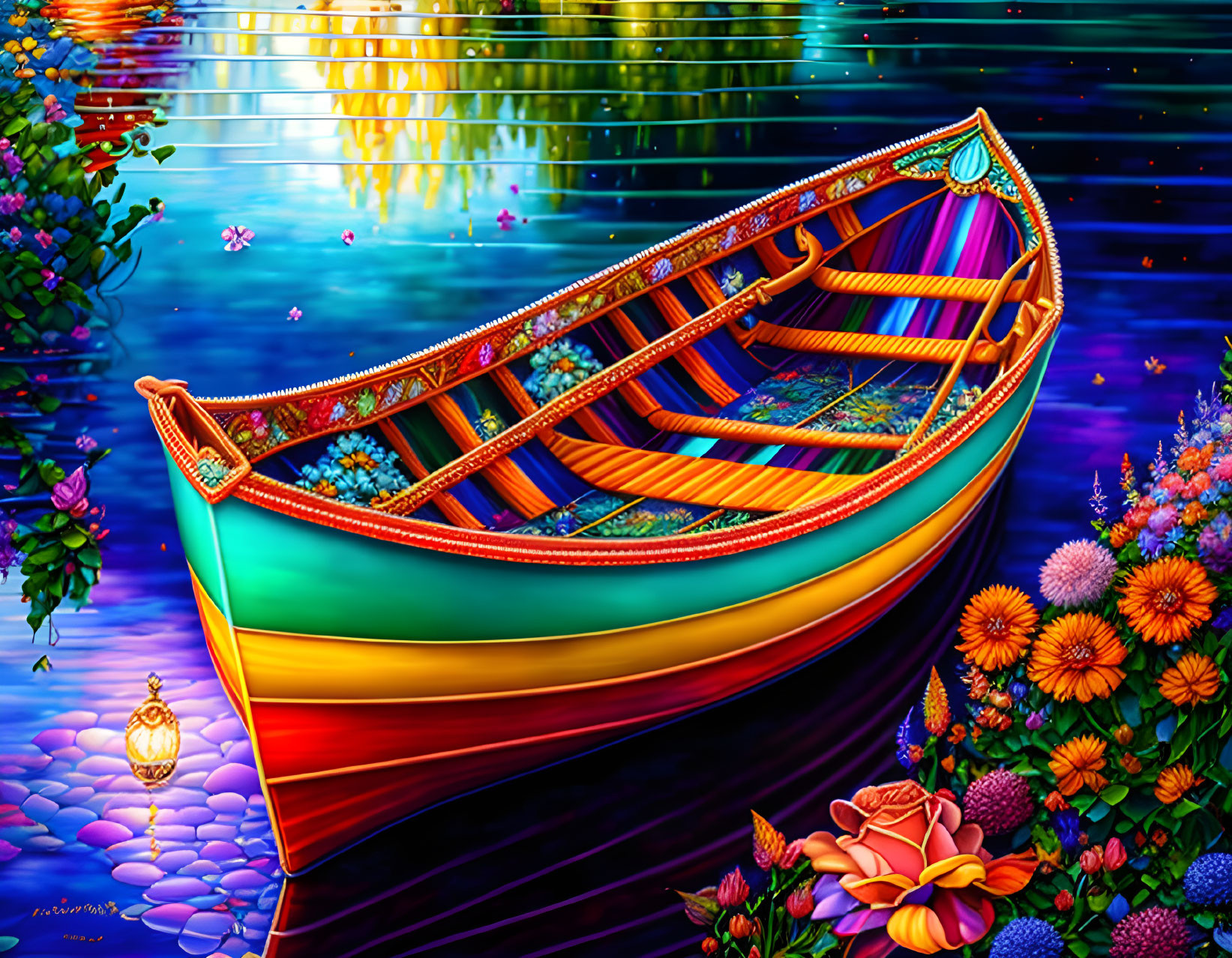 Vibrant boat on calm water near colorful flowers under luminous sky