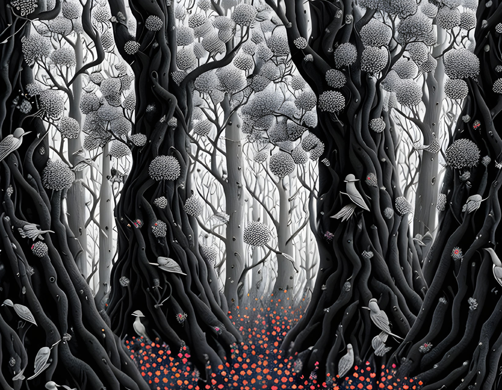 Detailed Monochrome Forest Scene with Intricate Trees, Spherical Foliage, Birds, and Red