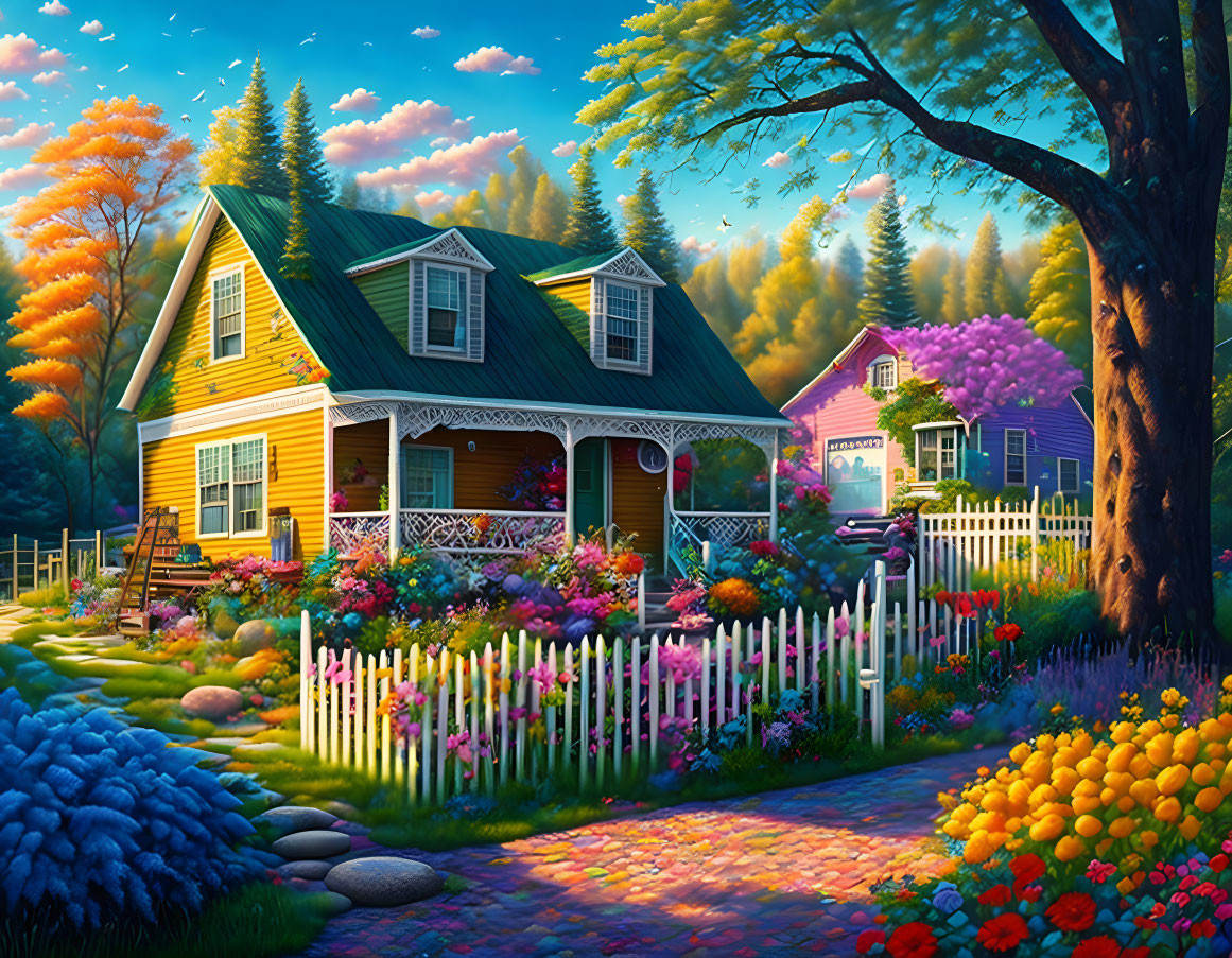 Colorful Illustration of Quaint House in Garden at Sunset