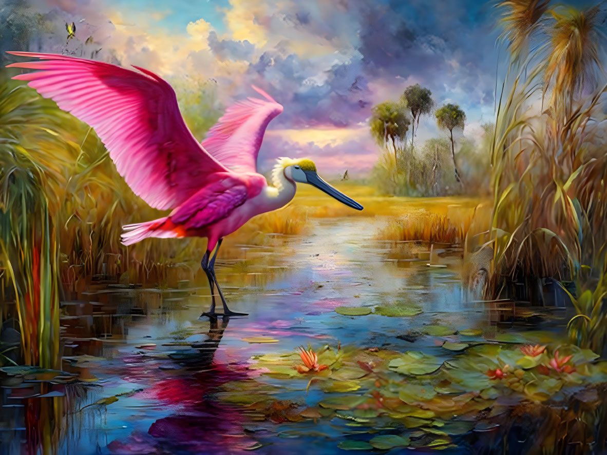 Vibrant digital artwork: Pink spoonbill bird in wetlands at sunset