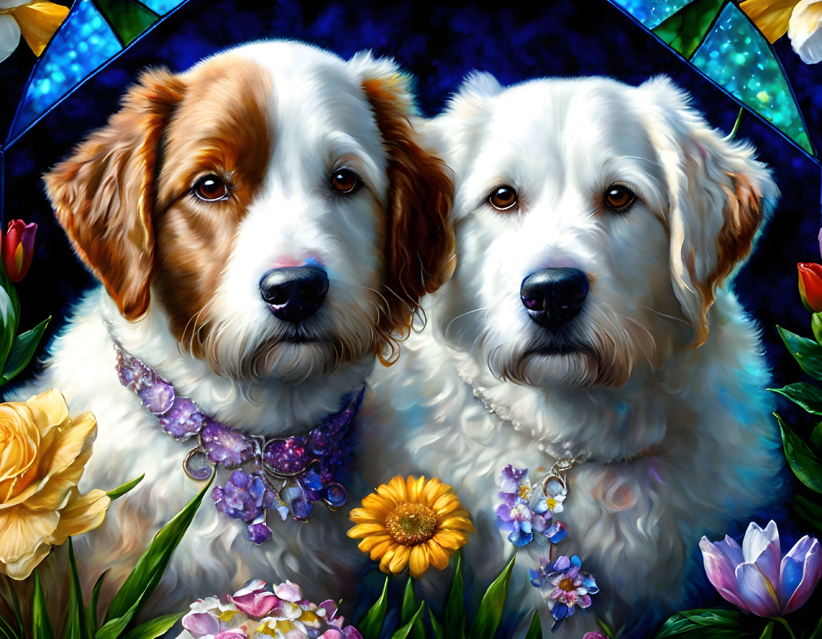 Floral Necklaces on Two Dogs in Stained Glass Setting